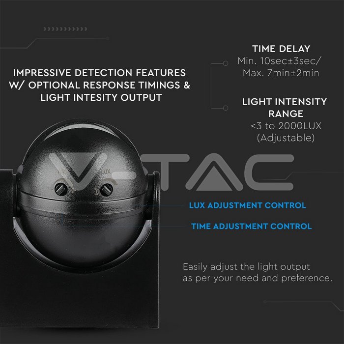 V-TAC VT-8003 Infrarood Bewegingssensor Zwart - IP44 - 180° Detectie - Afbeelding 6