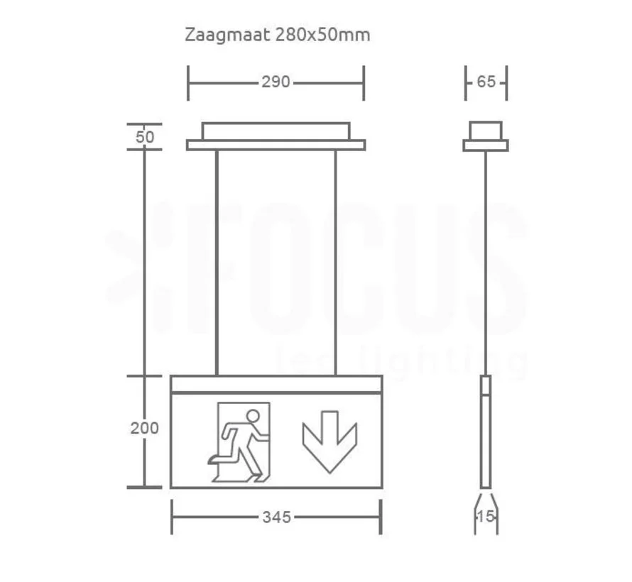 Verzonken inbouw LED noodverlichting pendant met hangend kabelsysteem en groen indicatielampje